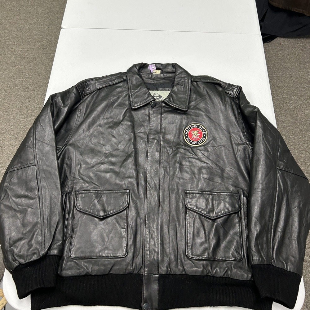 Burks Bay Bomber Jacket Mens XL Black Leather NRA Patch Full Zip Ribbed Trim